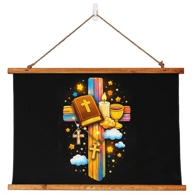 Holy Bible & Candle Wood-Framed Wall Tapestry – Christian Gift for Kids