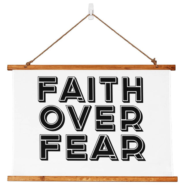 Faith Over Fear Wood Framed Wall Tapestry | Black Outline Text | 36x26 Horizontal