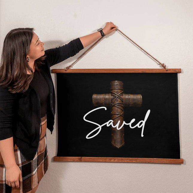 Saved Cross Wood-Framed Wall Tapestry (Horizontal) – Christian Gift for Men