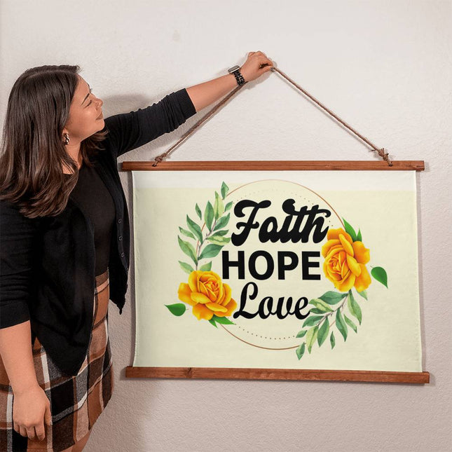 Faith hope love wood framed wall tapestry with yellow roses and greenery on cream background – 36x26 horizontal Christian wall decor
