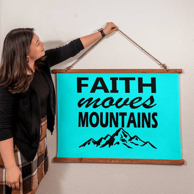 Faith moves mountains wood framed wall tapestry with black text and mountain graphic on bright teal background – 36x26 horizontal faith wall decor