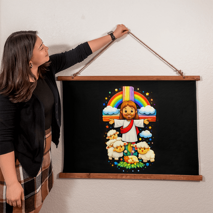 Jesus & Little Lambs - Wood Framed Wall Tapestry – Christian Gift for Kids