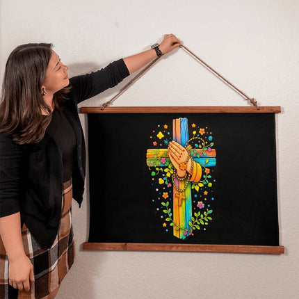 Praying Hands & Rosary Wood-Framed Wall Tapestry – Christian Gift for Kids