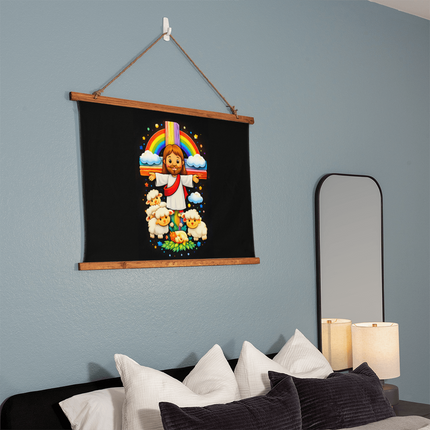 Jesus & Little Lambs - Wood Framed Wall Tapestry – Christian Gift for Kids