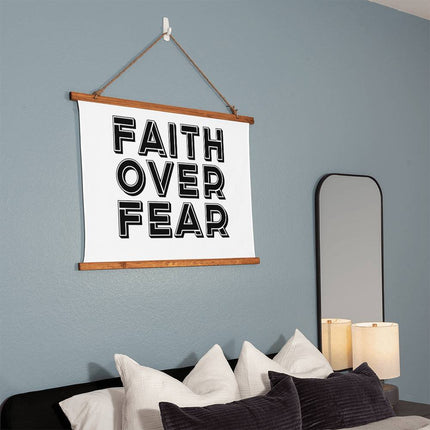 Faith Over Fear Wood Framed Wall Tapestry | Black Outline Text | 36x26 Horizontal