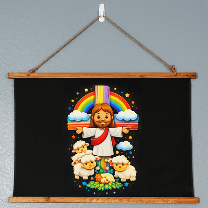 Jesus & Little Lambs - Wood Framed Wall Tapestry – Christian Gift for Kids