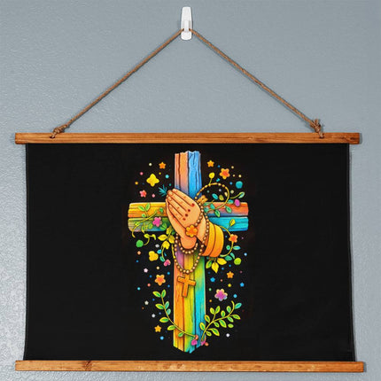 Praying Hands & Rosary Wood-Framed Wall Tapestry – Christian Gift for Kids