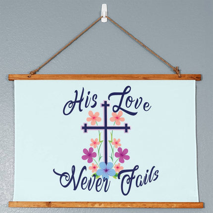 His Love Never Fails Wood Framed Wall Tapestry | Floral Cross | 36x26 Horizontal