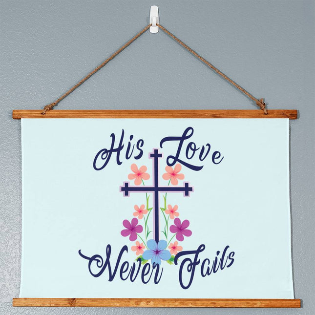 His Love Never Fails Wood Framed Wall Tapestry | Floral Cross | 36x26 Horizontal