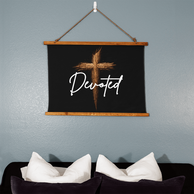 Devoted Cross Wood-Framed Wall Tapestry (Horizontal) – Christian Gift for Men