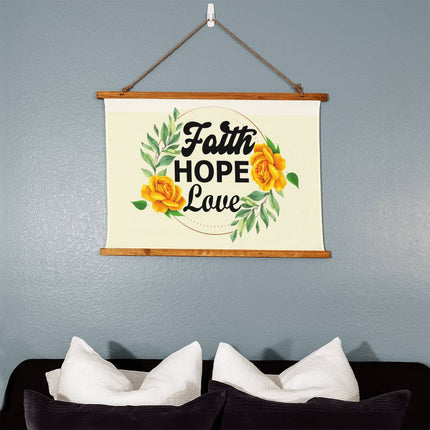 Faith Hope Love Wood Framed Wall Tapestry | Yellow Roses | 36x26 Horizontal