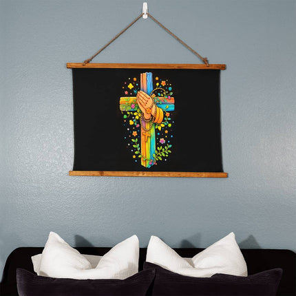 Praying Hands & Rosary Wood-Framed Wall Tapestry – Christian Gift for Kids