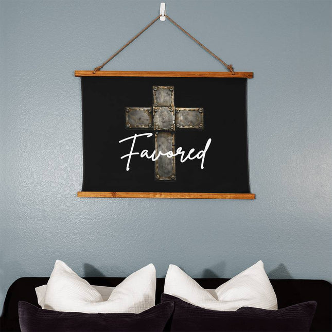 Favored Cross Wood-Framed Wall Tapestry (Horizontal) – Christian Gift for Men