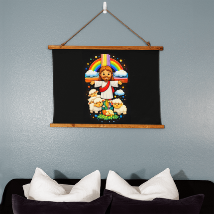 Jesus & Little Lambs - Wood Framed Wall Tapestry – Christian Gift for Kids