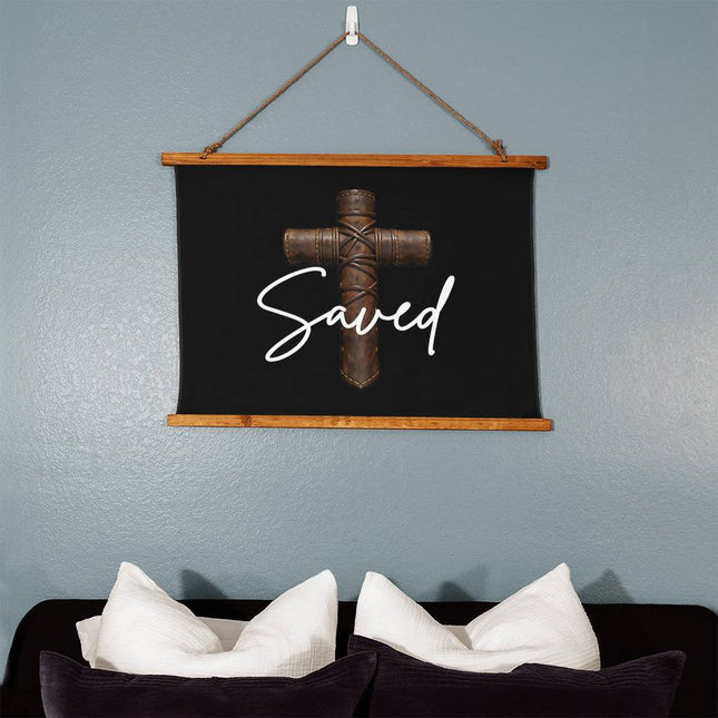 Saved Cross Wood-Framed Wall Tapestry (Horizontal) – Christian Gift for Men