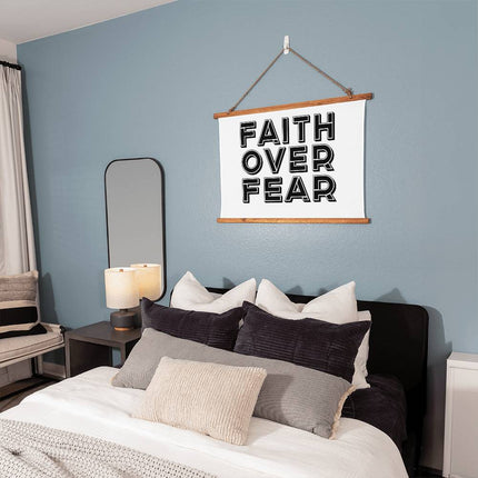 Faith Over Fear Wood Framed Wall Tapestry | Black Outline Text | 36x26 Horizontal