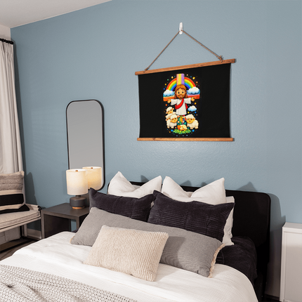 Jesus & Little Lambs - Wood Framed Wall Tapestry – Christian Gift for Kids