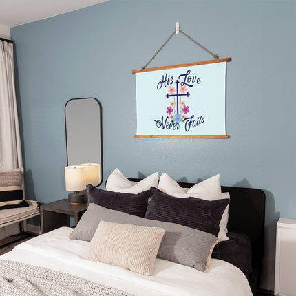 His Love Never Fails Wood Framed Wall Tapestry | Floral Cross | 36x26 Horizontal