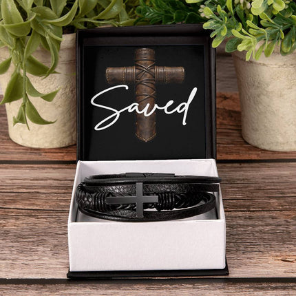 Saved Leather Cross Bracelet – Christian Gift for Men