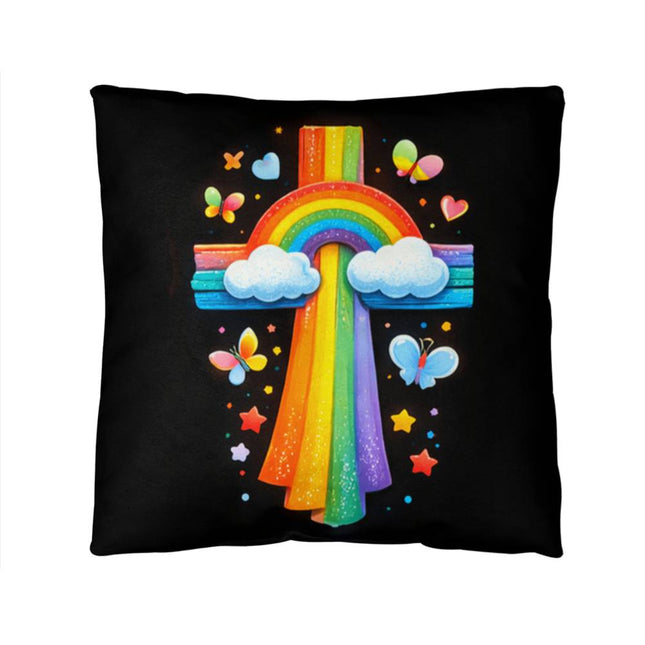 Rainbow & Butterflies Cross Throw Pillow – Christian Gift for Kids