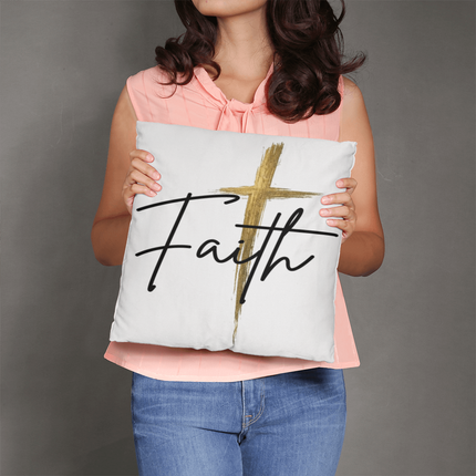 Faith cross gold Christian throw pillow with “Faith” script design, classic square pillow for living room or bedroom decor