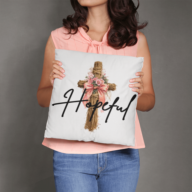 Hopeful Flower Cross Christian pillow — floral cross design, modern Mother's Day gift for mom with a hope message