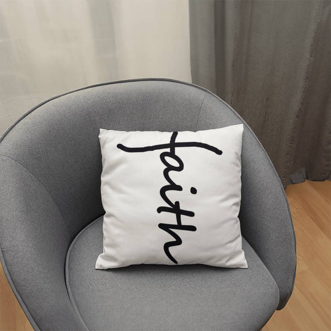 White faith throw pillow with black script – minimalist Christian home decor accent pillow