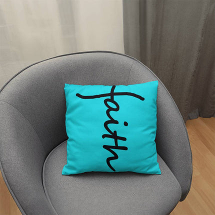 Teal faith throw pillow with black script – Christian home decor accent pillow