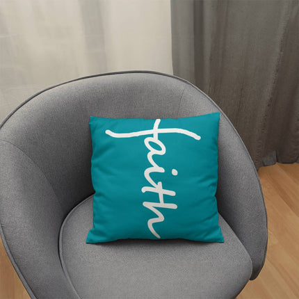 Teal faith throw pillow with white script – Christian home decor accent pillow
