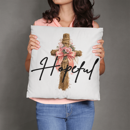 Hopeful Flower Cross Christian Pillow | Mother's Day Gift for Mom | Faith Gift