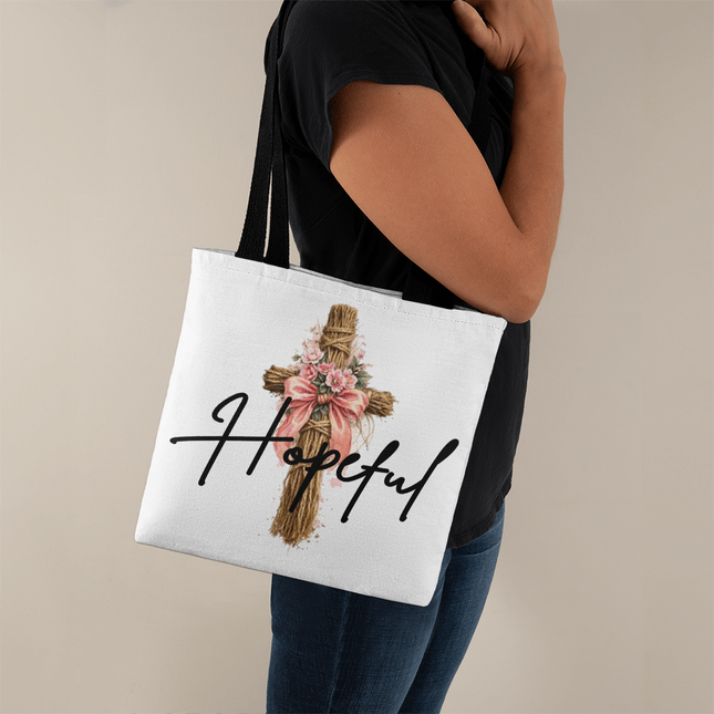 Hopeful Flower Cross Christian tote bag — floral cross design, modern Mother's Day gift for mom with a hope message