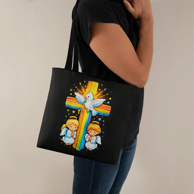 Dove & Praying Angels Rainbow Cross Tote Bag – Christian Gift for Kids