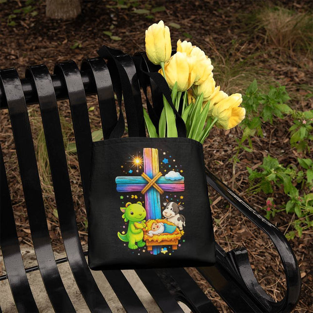 Baby Jesus Nativity & Dino Rainbow Cross Tote Bag – Christian Gift for Kids