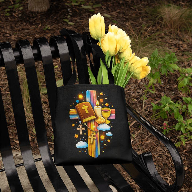 First Communion Bible & Chalice Rainbow Cross Tote Bag – Christian Gift for Kids