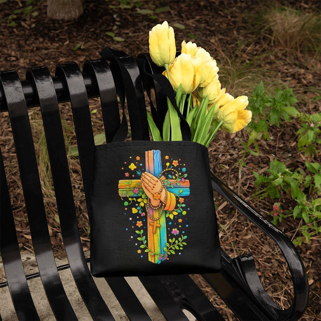 Praying Hands & Rosary Rainbow Cross Tote Bag – Christian Gift for Kids