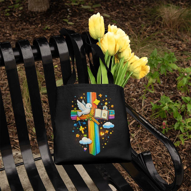 Dove & Open Bible Rainbow Cross Tote Bag – Christian Gift for Kids
