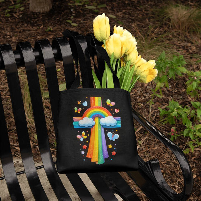 Rainbow & Clouds Cross Tote Bag – Christian Gift for Kids