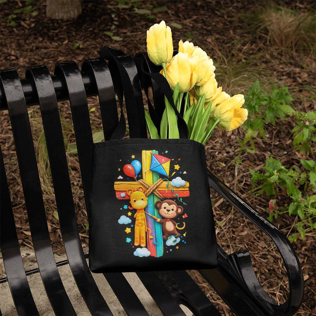 Giraffe & Monkey Rainbow Cross Tote Bag – Christian Gift for Kids