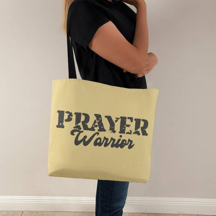 Yellow classic tote bag with “Prayer Warrior” distressed black lettering – Christian everyday tote with black straps