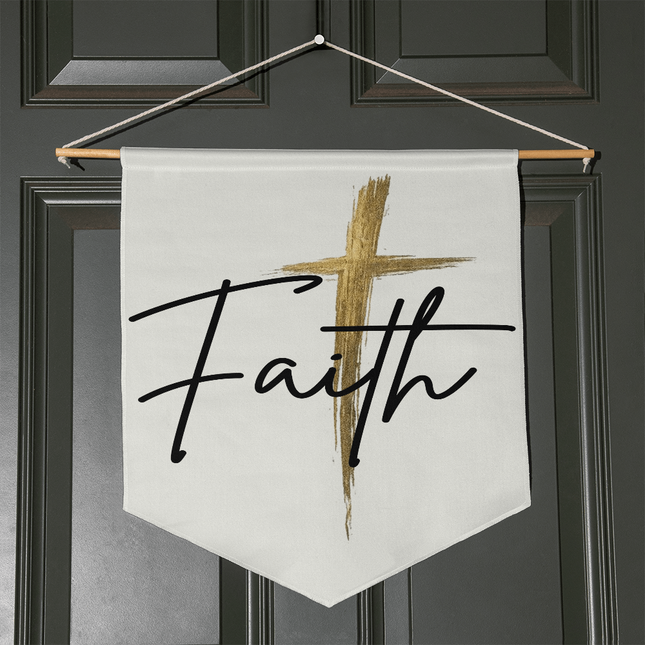 Faith cross gold wall pennant banner with “Faith” script design, Christian wall decor hanging with wooden dowel and twine for bedroom or prayer corner
