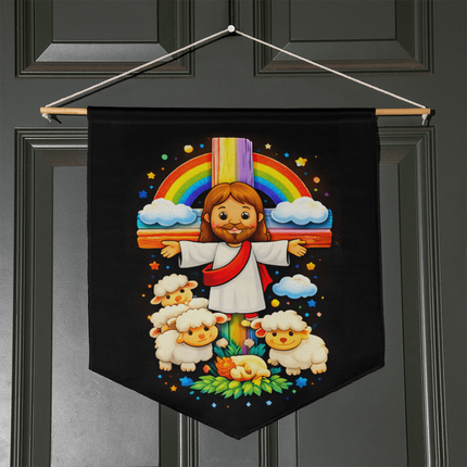 Jesus with Sheep's - Wall Pennant -Christian Gifts for Kids