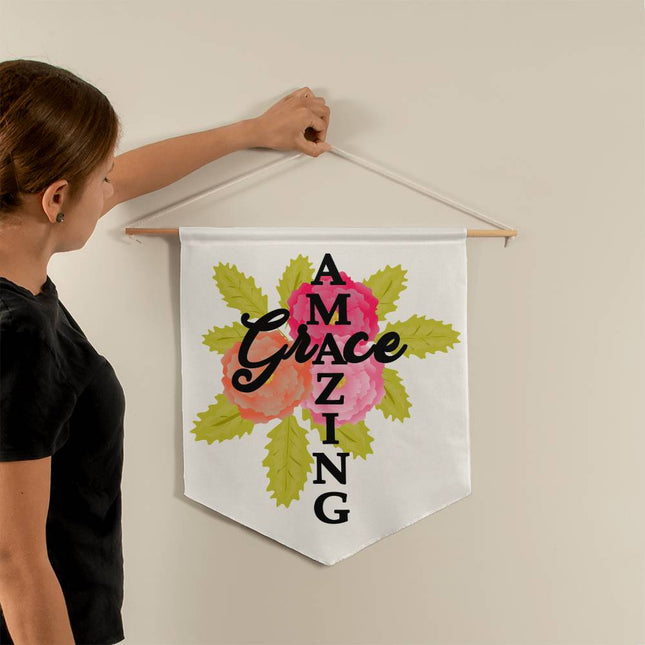 Amazing grace wall pennant with pink and orange flowers and green leaves on white background – 21x18 Christian wall decor
