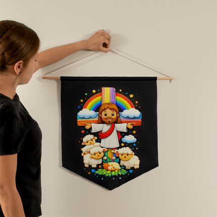 Jesus with Sheep's - Wall Pennant -Christian Gifts for Kids