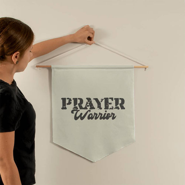 Prayer warrior wall pennant with distressed lettering on light sage neutral background – 21x18 Christian wall decor