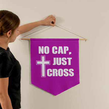 No cap just cross wall pennant with bold white text and cross icon on purple background – 21x18 Christian wall decor