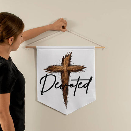 Christian Wall Pennant | Devoted Wooden Cross Home Decor Sign