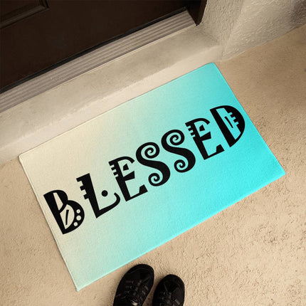 Blessed Welcome Mat | Cream Teal Gradient | Faith Home Decor