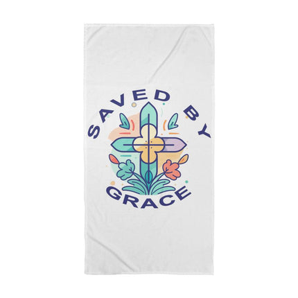 Christian Bath Towels: Saved by Grace Cross Bath Towel | White | 60x30