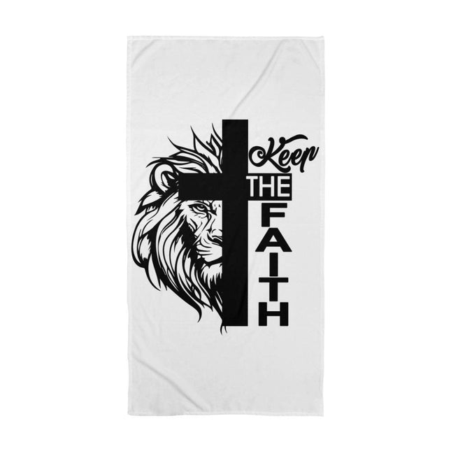 Christian Bath Towels: Keep the Faith Lion Cross Bath Towel | White | 60x30