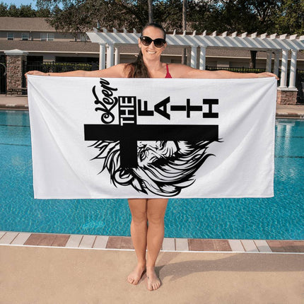 Christian Bath Towels: Keep the Faith Lion Cross Bath Towel | White | 60x30